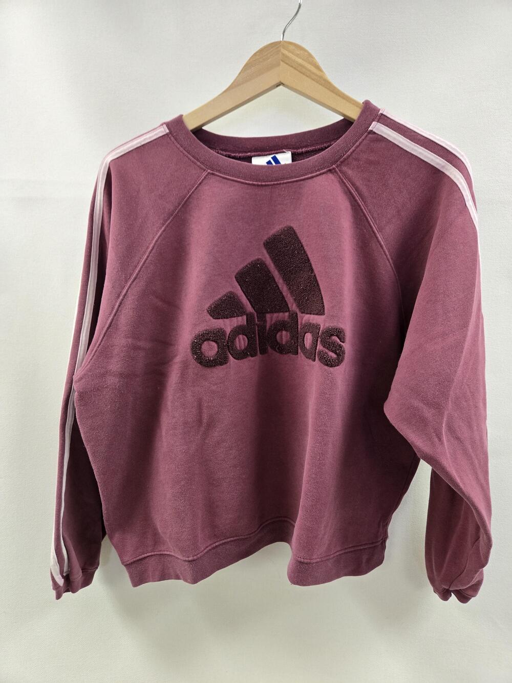Adidas Sweatshirt Mens Medium Burgundy Crewneck Chenille Logo Raglan 3-Stripes